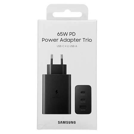Incarcator Retea Super Fast Charger 65W Samsung, Trio 2*port USB-C + USB-A, fara cablu, Negru, EP-T6530NBEGEU