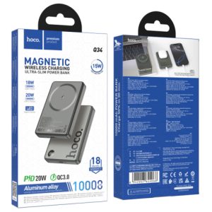 Hoco (Q34) » PowerBank, Wireless, Magsafe, 20W, 1xUSB-C, 1xUSB, PD, QC3.0, Fast, Metall/GRAY